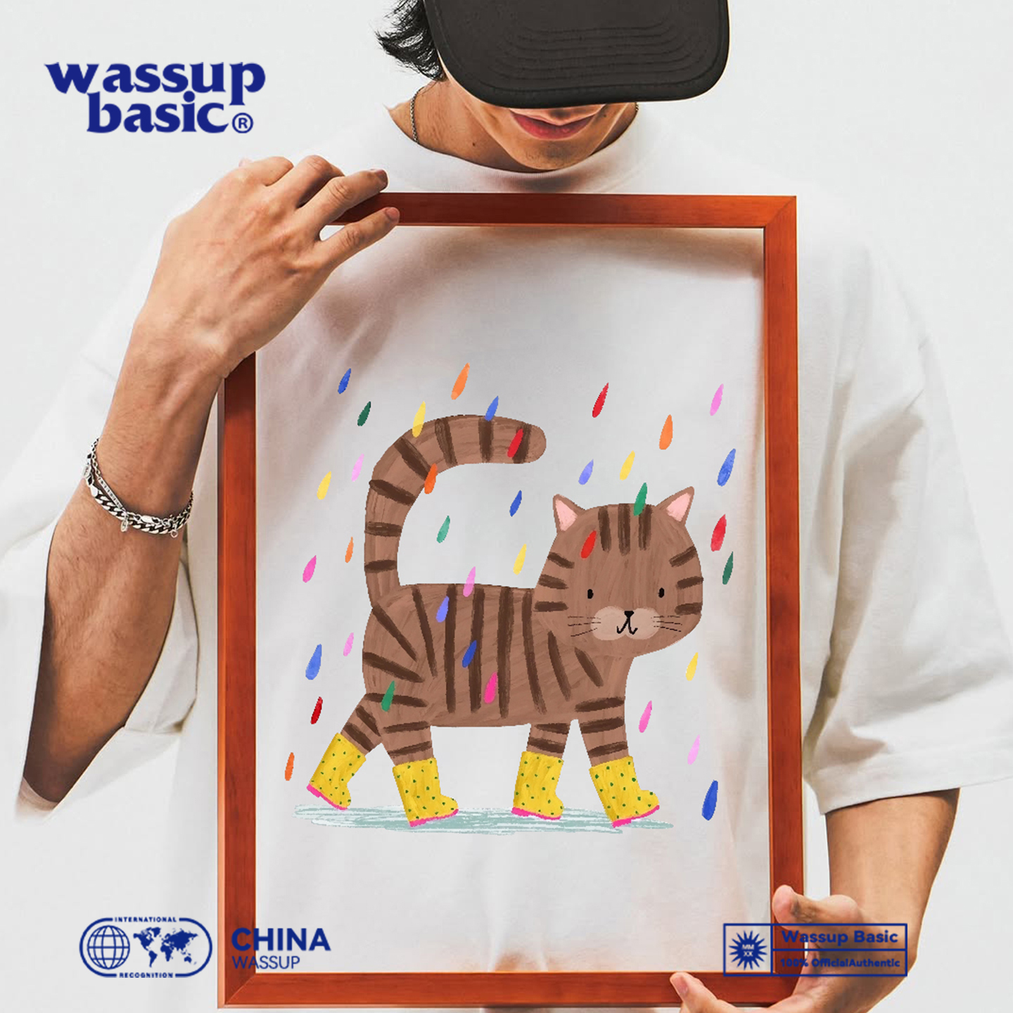 wassup basic 雨靴猫咪印花短袖t恤男女圆领宽松纯棉卡通半袖上衣