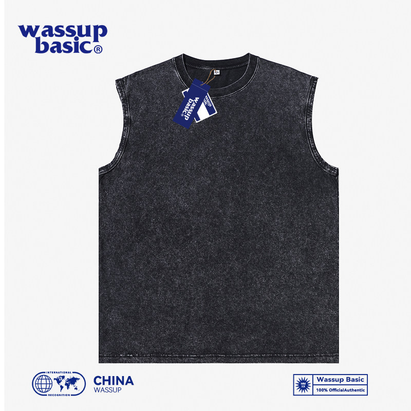 wassup basic 240g纯棉欧美高街hiphop水洗做旧背心无袖坎肩t恤男