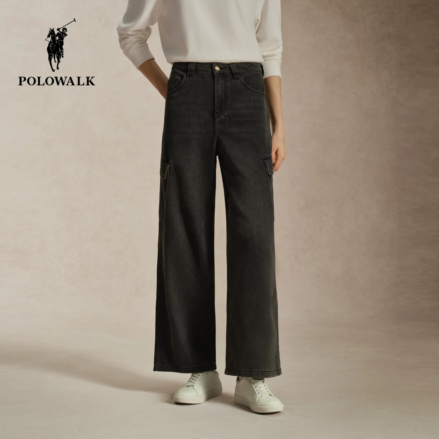 POLOWALK女灰色工装直筒牛仔裤