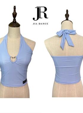 拉丁舞领吊带上衣女挂脖露背练功服带胸垫黑色K蓝色伦巴恰恰