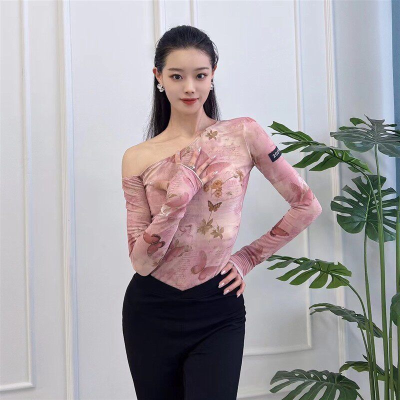 舞服蝴蝶e印花斜肩网纱上衣长袖秋冬新款连体衣练功服女士成人