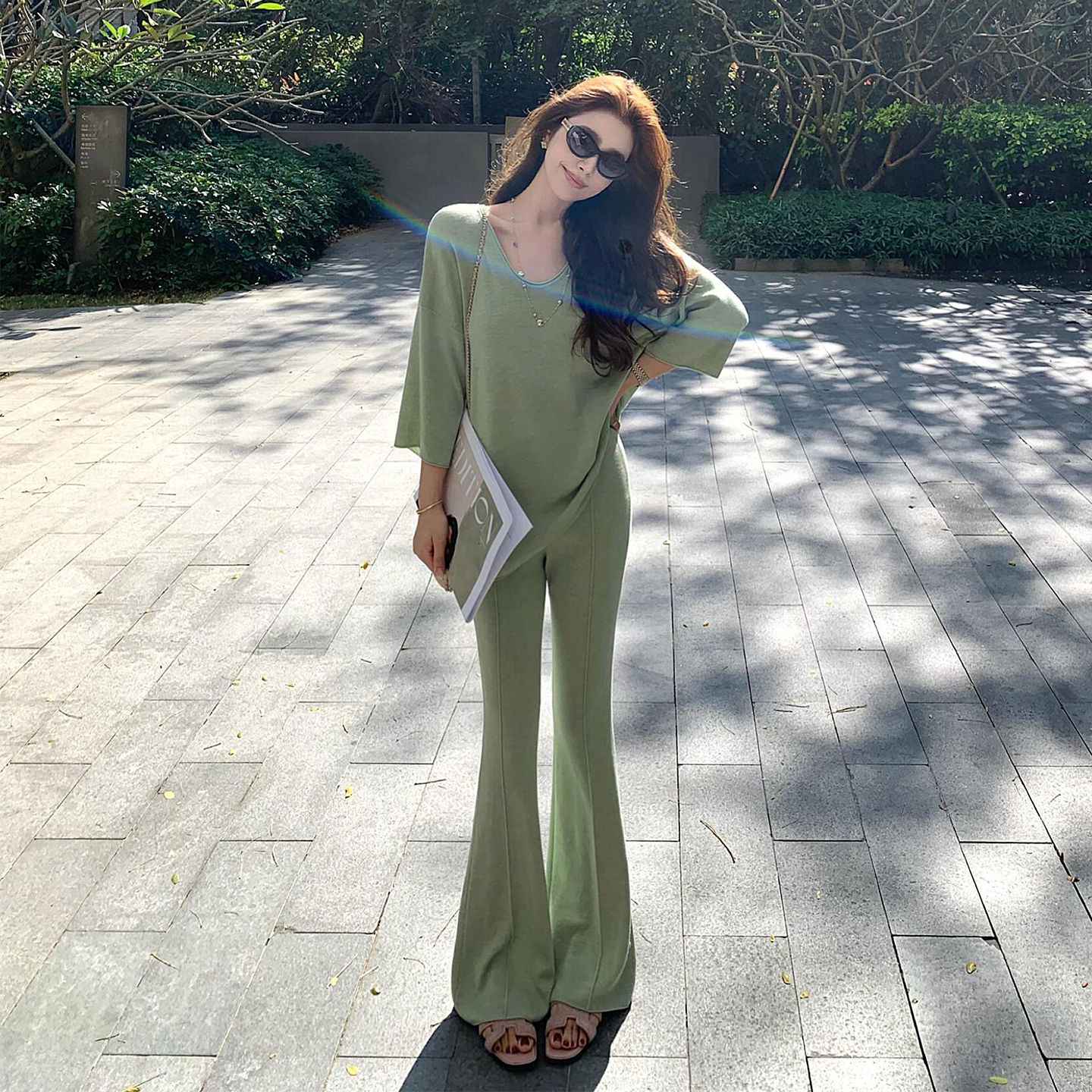 绿色短袖运动套装女夏季穿搭韩系减龄显瘦高级感慵懒风气质两件套