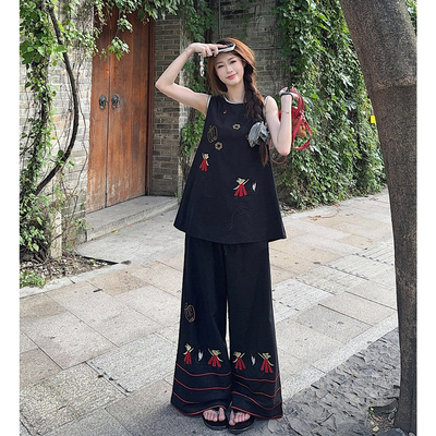 慵懒风松弛感亚麻无袖背心阔腿裤