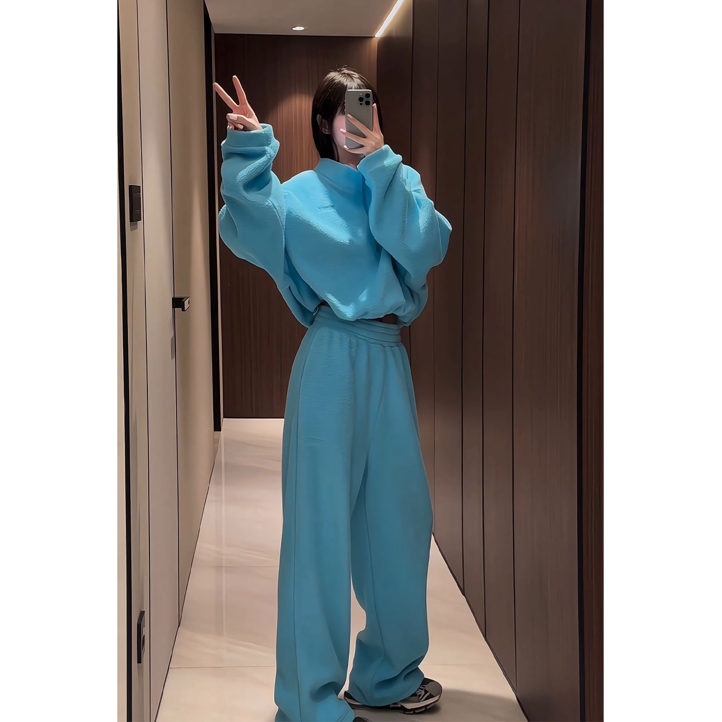 巨好看的冬装一整套韩系减龄摇粒绒卫衣休闲运动蓝色两件套高级感