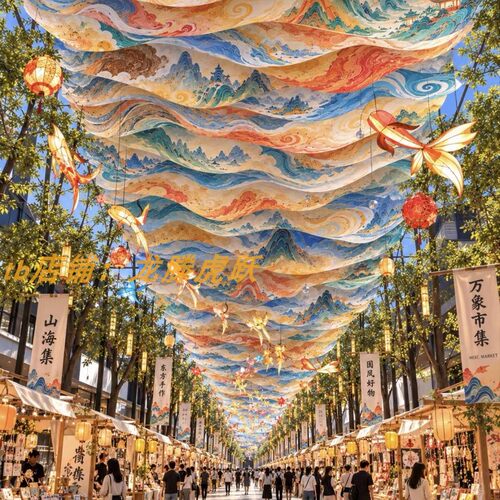 千里江山国风吊顶网红打卡纱幔