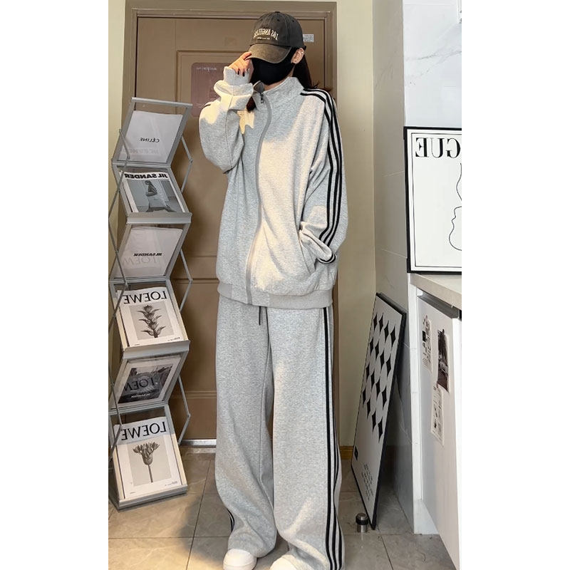 美式复古三条杠开衫卫衣男款青少年宽松休闲运动帅气时髦上衣外套