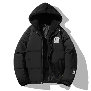 FIDODIDO扭曲字母logo假两件撞色拼接保暖加绒加厚羊羔绒连帽棉服