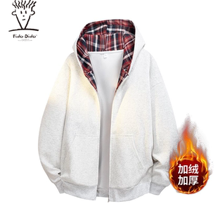 加绒连帽卫衣百搭休闲宽松情侣外套 FIDO 格子开衫 美式 秋冬 DIDO