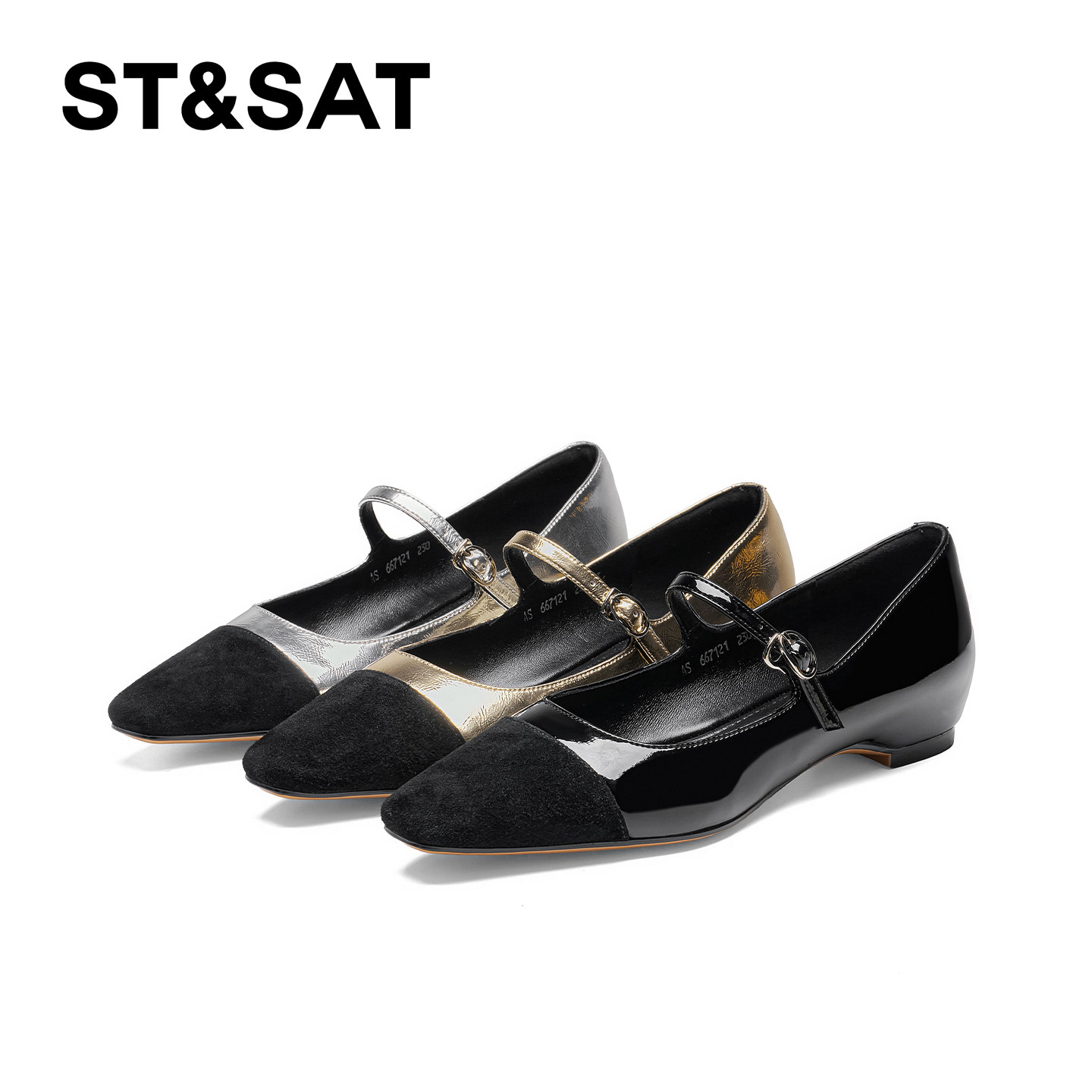 St&Sat/星期六时尚复古方头单鞋低跟拼色百搭浅口一字带玛丽珍鞋