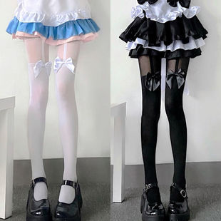 蝴蝶结打底袜女日系软妹lolita假高筒吊带连裤袜jk黑丝袜性感