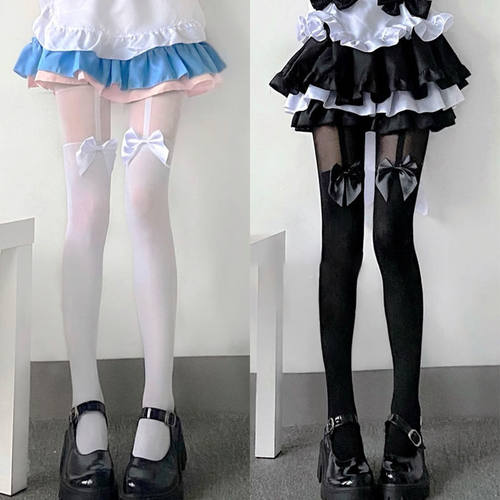 蝴蝶结打底袜女日系软妹lolita假高筒吊带连裤袜jk黑丝袜性感