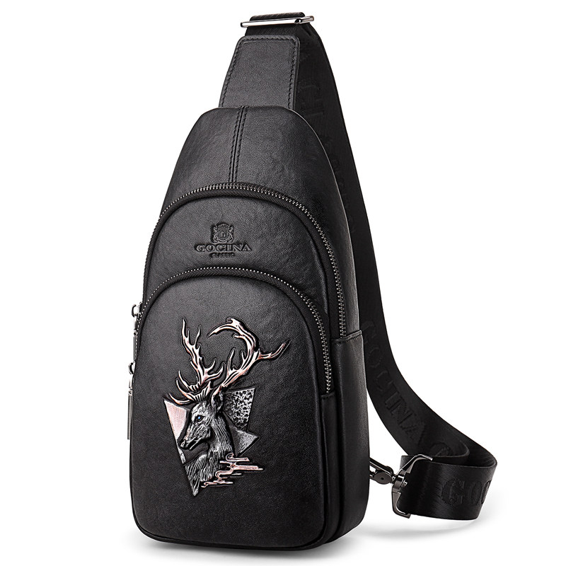 gocina品牌真皮鹿头图腾胸包男士头层牛皮斜挎包单肩包