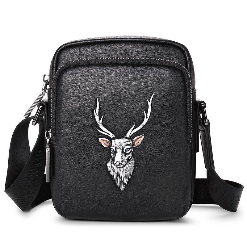 gocina品牌真皮鹿头图腾男包商务休闲头层牛皮单肩包斜挎包
