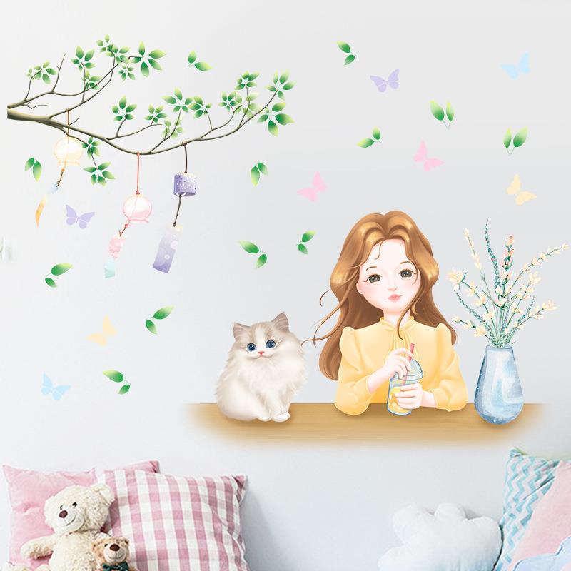 绿植卡通女孩动物儿童房客厅玄关橱柜房门餐厅装饰墙贴画图片