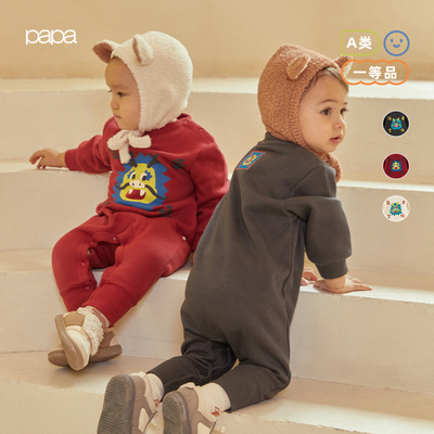 PaPa秋冬季宝宝加绒新年连体衣