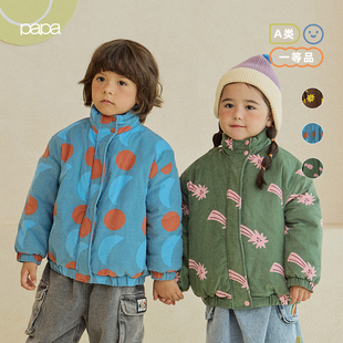 papa爬爬冬季 儿童棉服细灯芯绒印花外套上衣加厚保暖洋气时髦潮
