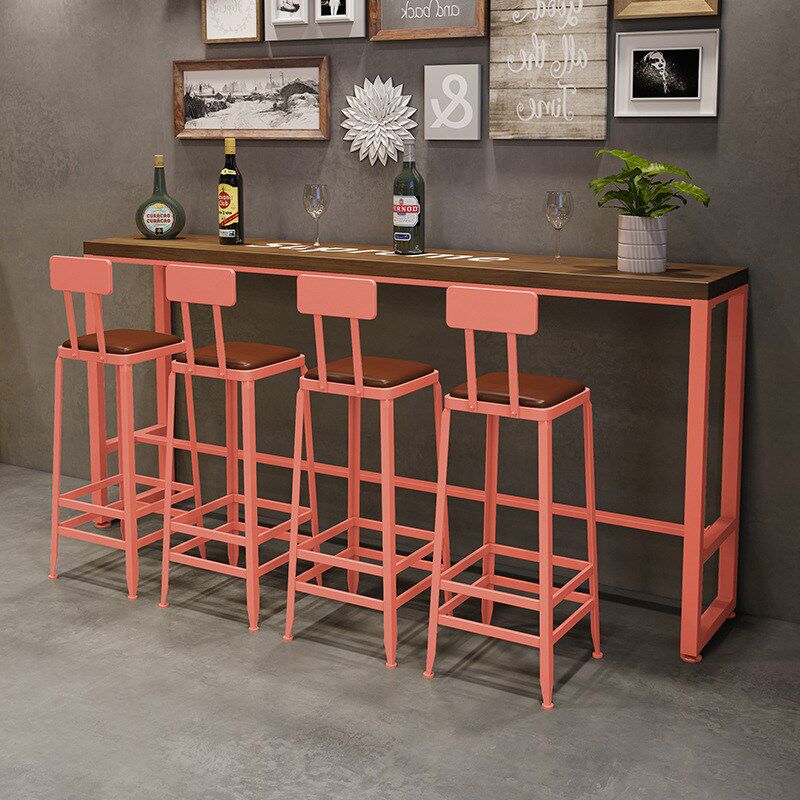 酒吧奶茶店咖啡厅工业风靠墙实木吧台桌椅组合简约铁艺软座靠背椅