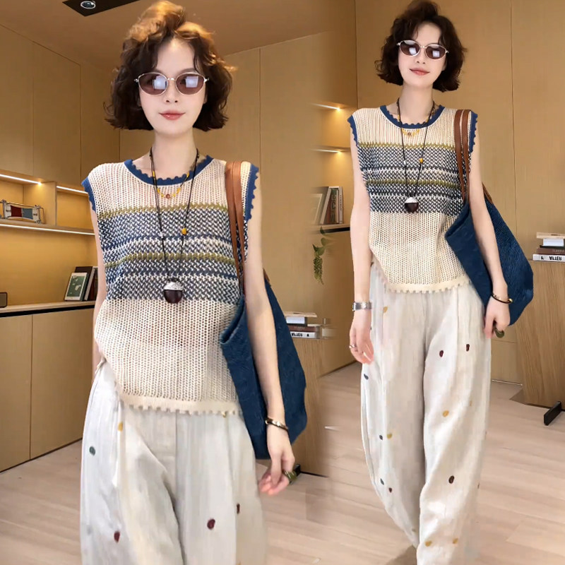 时尚套装女2026夏季新款洋气撞色条纹针织无袖上衣阔腿裤两件套潮