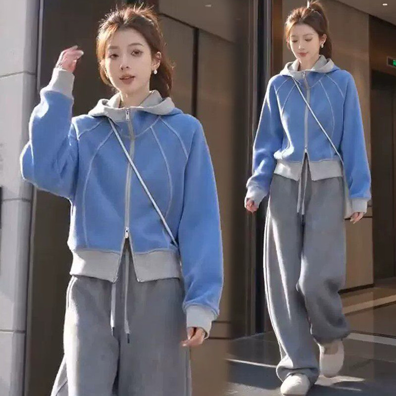 时尚洋气运动服套装女秋季2026新款休闲连帽开衫卫衣阔腿裤两件套