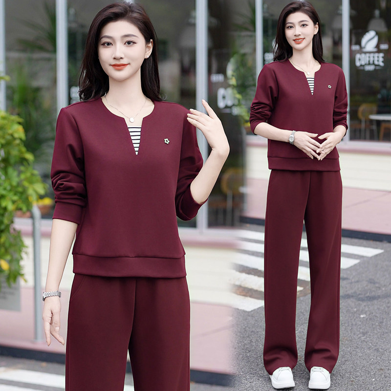 时尚休闲运动服套装女2026秋季新款宽松显瘦V领卫衣阔腿裤两件套