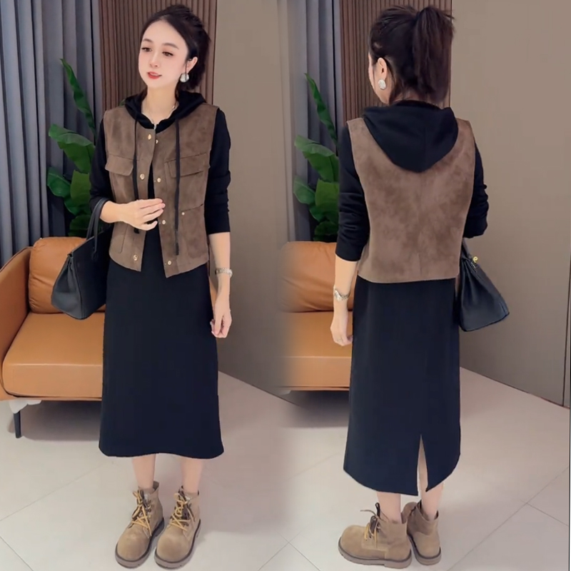 2025早秋季新款时尚套装裙女洋气显瘦中长款连帽卫衣裙马甲两件套