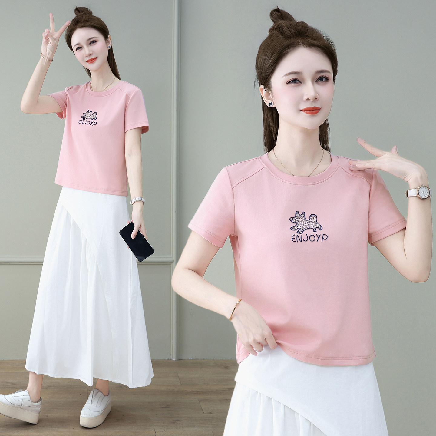 时尚休闲刺绣短袖T恤女夏季2026新款圆领百搭洋气减龄短款体恤衫