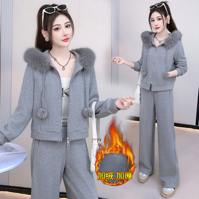 冬季加绒连帽运动套装女两件套