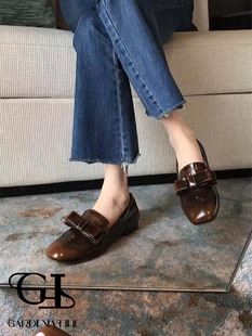 原创手工擦色百搭英伦风复古布洛克真皮大底牛皮蝴蝶结浅口女单鞋