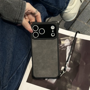 四角开孔适用于苹果17Promax手机壳可背斜挎挂绳iPhone17pro保护套15皮纹16PM防丢ip17好看 14挂脖外壳pm