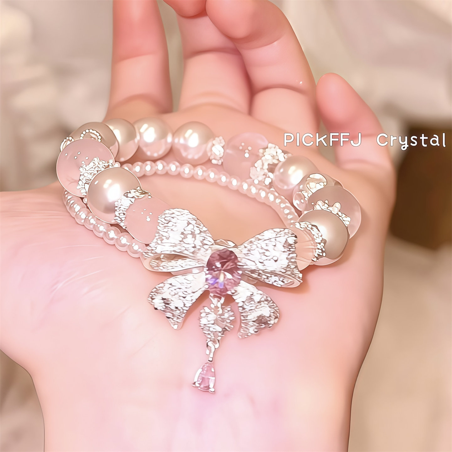 【温柔沦陷】粉水晶蝴蝶结水晶手链双圈搭配贝珠重工礼物女