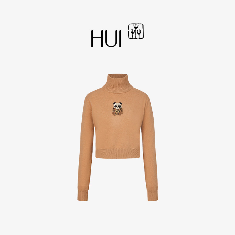 HUI卉绵羊毛枯黄色AI熊猫机绣秀场高领长袖短款螺纹套头衫针织衫,女装/女士精品,毛针织衫,淘宝优惠券,粉丝福利购,淘宝优惠卷