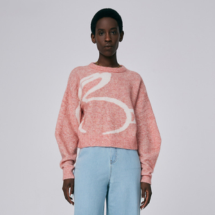 HUI卉颊红色精纺绵羊毛马海毛玉兔子图案毛织宽松针织毛衫套头衫