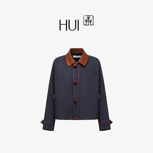 HU卉瑾瑜色亚麻涤纶拼色领绳编纽扣撞色羲和刺绣外套2025秋冬新款