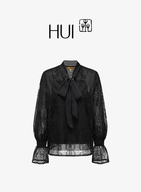 HUI卉定织绣花蕾丝刺绣蕾丝雪纺衫打底衫气质飘带领精工刺绣上衣