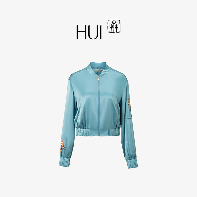 HUI卉靛青色新中式苗族缠枝花飞行员款夹克舒适真丝外套宽松休闲