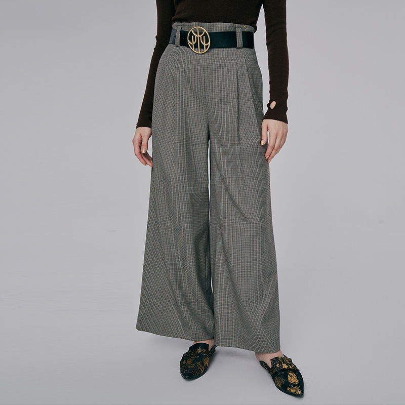 HUI卉色织羊毛千鸟格直筒裤西裤