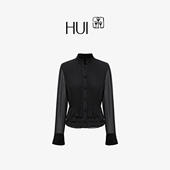 2026新款 HUI卉100%桑蚕丝乔其层叠压褶墨染黑编织纽扣新中式 衬衫
