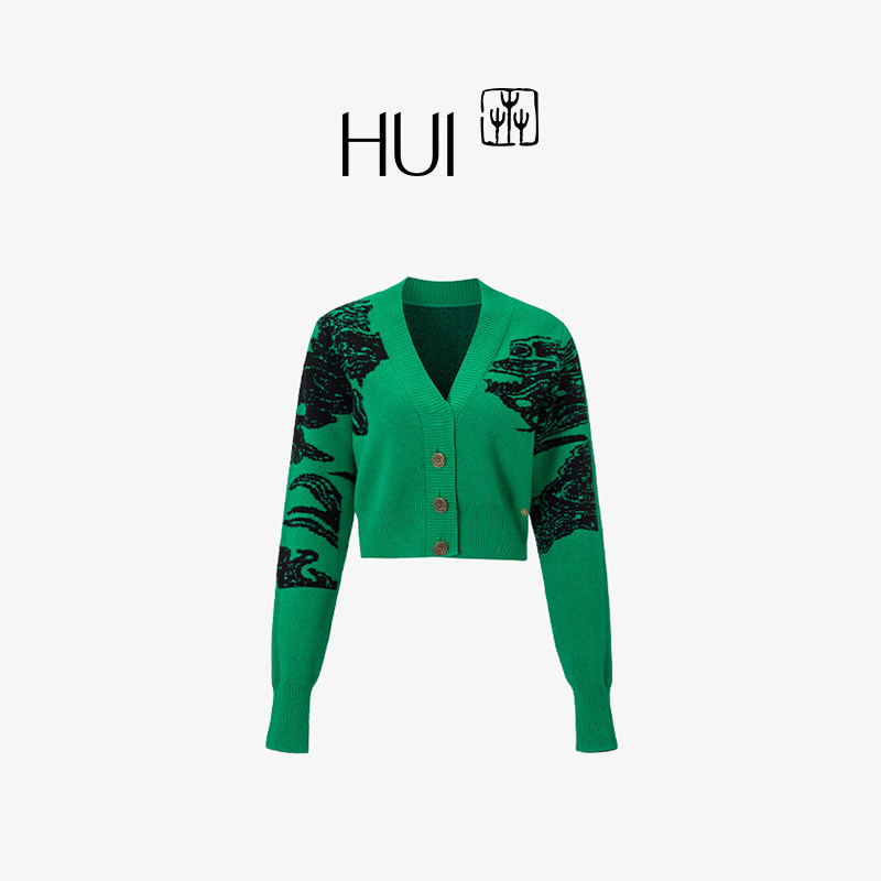 HUI卉100%绵羊毛祥瑞龙纹针织衫