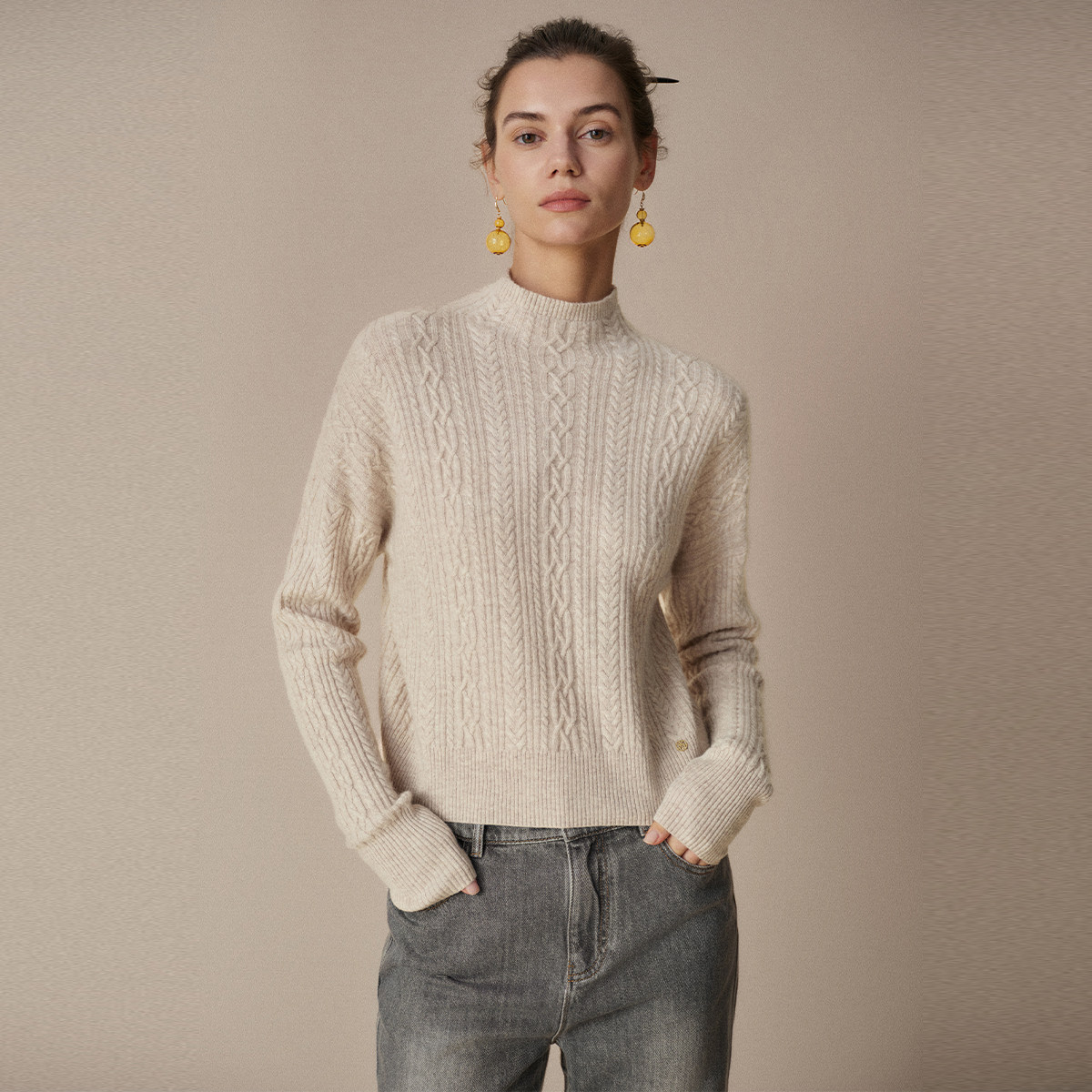 HUI卉晓灰色羊毛羊绒针织绞花螺纹半高领毛衫气质高领长袖套头衫