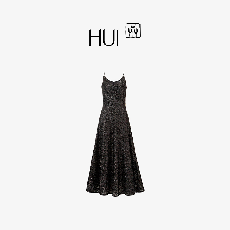 HUI卉奢华珠片针织散摆吊带礼服大散摆钉珠优雅连衣裙