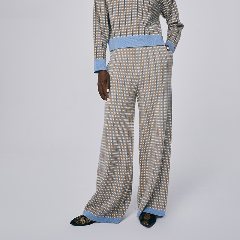 HUI卉蓝白屏风羊毛阔腿裤