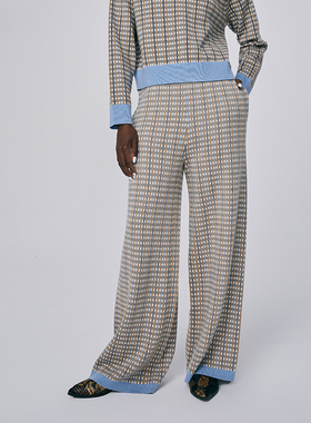 HUI卉蓝白屏风艺术格纹绵羊毛宽松阔腿裤