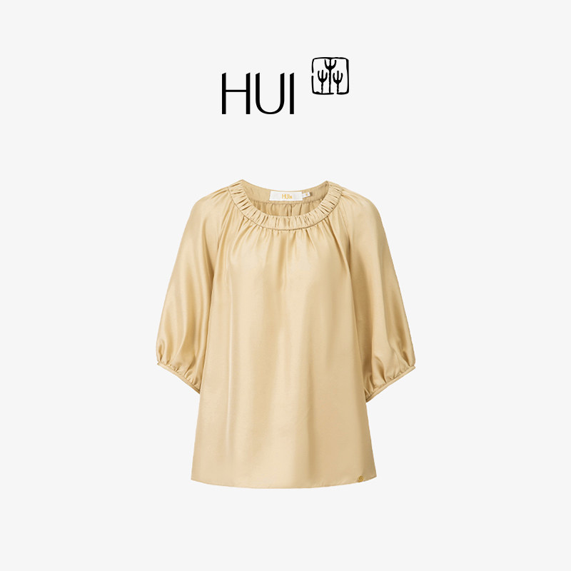 HUI卉100%桑蚕丝短袖T恤女黄粱色