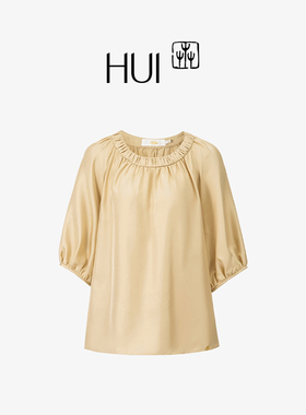 HUI卉100%桑蚕丝短袖T恤女黄粱色缎面套头上衣圆领松紧领口A字