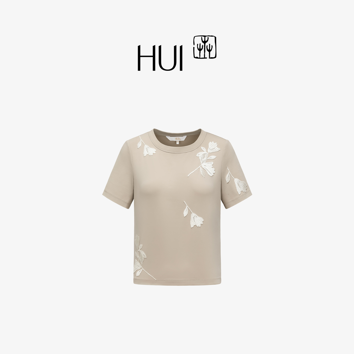 HUI卉炊烟色立体白玉兰绣花T恤
