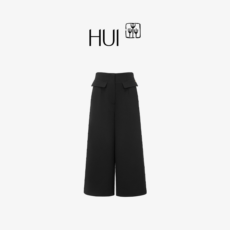 HUI卉黛黑色四面弹阔腿牛仔长裤