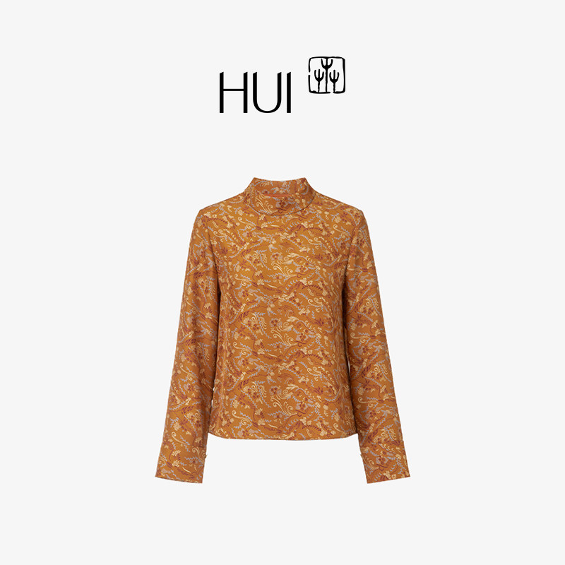 HUI卉桑蚕丝真丝亦栗色中华缠枝海棠纹衬衫原创设计小立领正肩