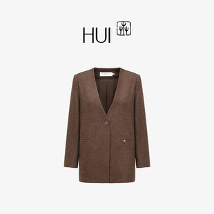 HUI卉精纺羊毛双面呢古铜色/暮云灰V领气质西装外套长袖舒适通勤