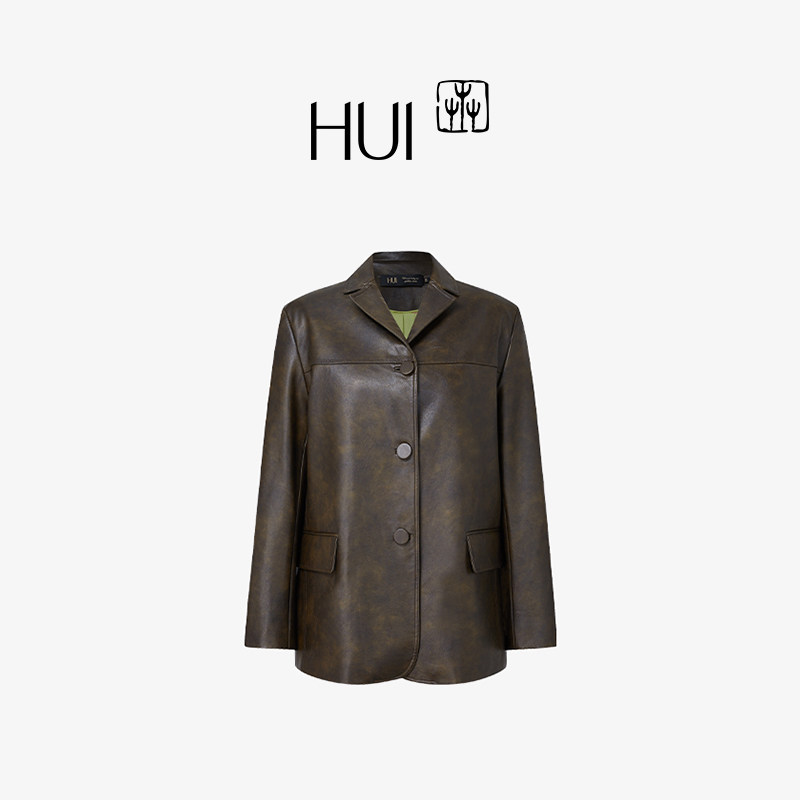 HUI卉皮革长角苗纹刺小量感驳领女西装撞色老钱风中长款皮衣外套,女装/女士精品,皮衣,淘宝优惠券,粉丝福利购,淘宝优惠卷