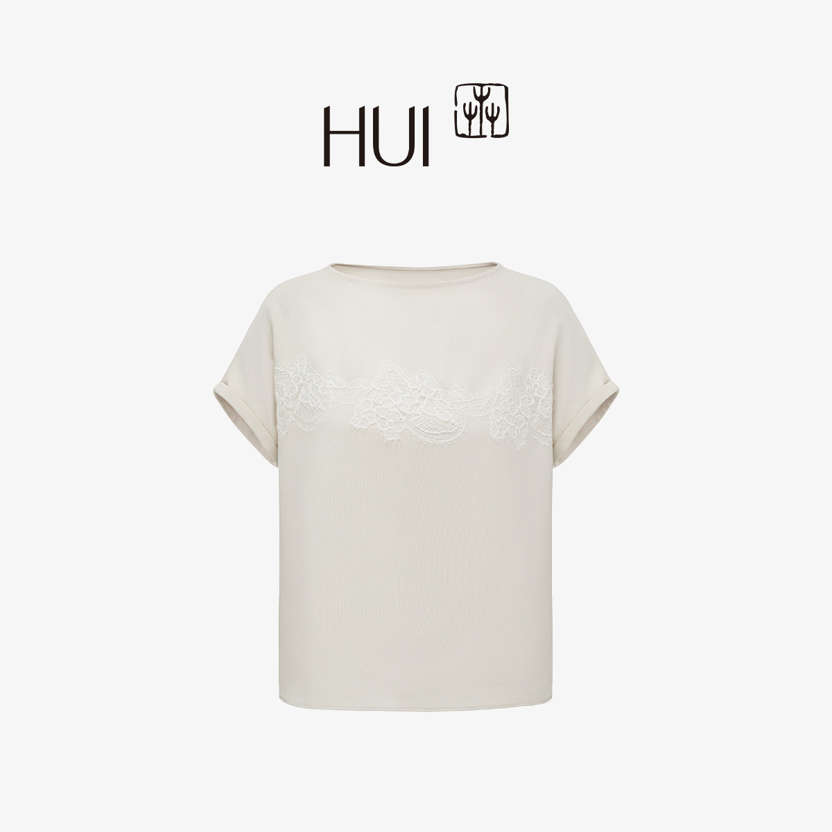 HUI卉蕾丝花拼接T恤玉兰白色醋纤涤纶卷边袖短款简约上衣2026新款